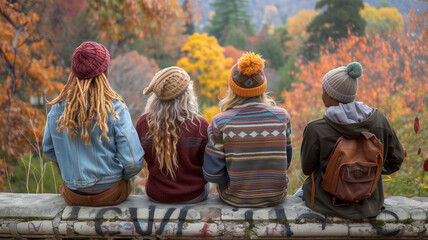 A diverse group of young classmates from different backgrounds, enjoy each other’s company sitting on a wall overlooking a spring landscape. Hello, Spring