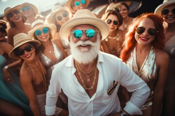 Luxurious Yacht Party Senior man with young women, laughing and dancing under the clear sky and...