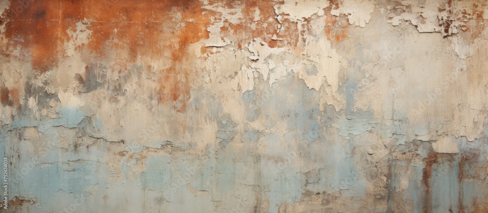 Poster a weathered wall displaying a mix of rust and peeling blue and brown paint. the textured surface add