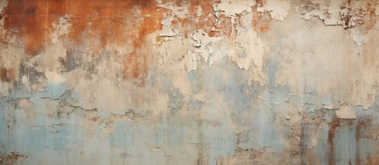 A weathered wall displaying a mix of rust and peeling blue and brown paint. The textured surface adds depth to the aged appearance, creating a unique visual contrast.