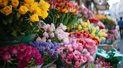 Fototapeta na wymiar Bouquet of flowers in a market generative ai