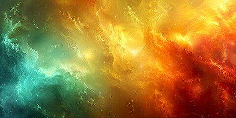 An abstract background displays shades of green and yellow, while physical clouds evoke a galactic concept. Illustration in vivid colors and cosmic ethereal shapes.