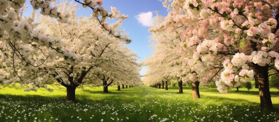 A field full of blooming apple trees with white flowers during spring in Hamburgs old country. The trees are in full bloom, creating a beautiful and serene landscape.