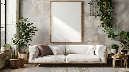 Modern living room with empty wall decoration mockup.