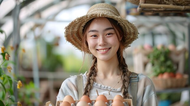 A young woman wore her hair in pigtails and wore a straw hat. She expressed happiness while holding a wooden box full of chicken eggs. Among the chicken eggs in the greenhouse