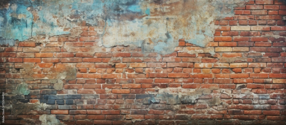 Poster An old brick wall with peeling paint shows signs of weathering and decay. The worn texture adds character and history to the vintage background.