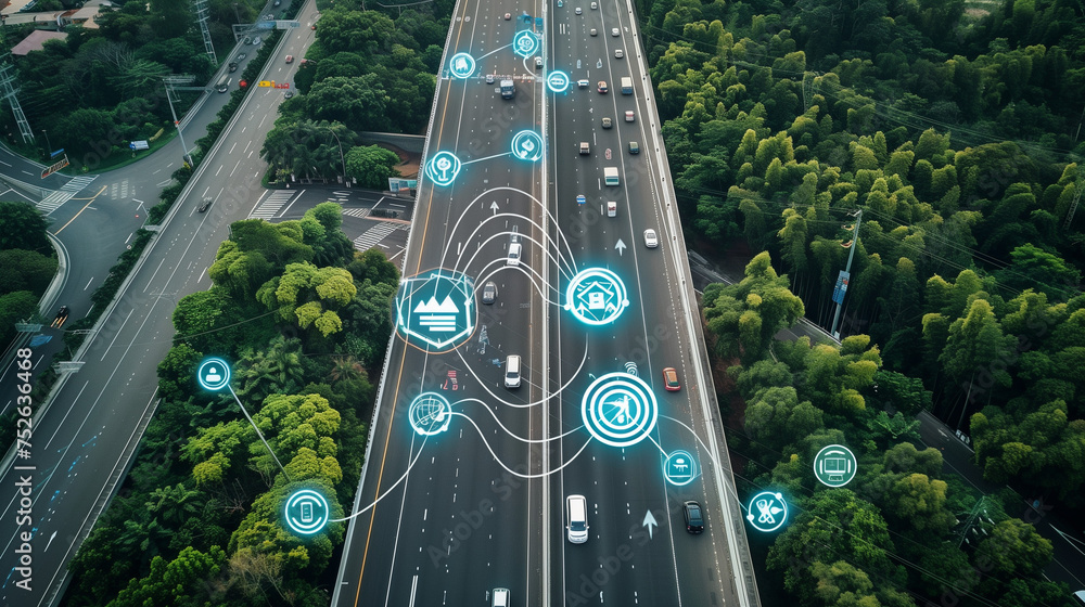 Fototapete social infrastructure and communication technology concept.. autonomous transportation. top view of 