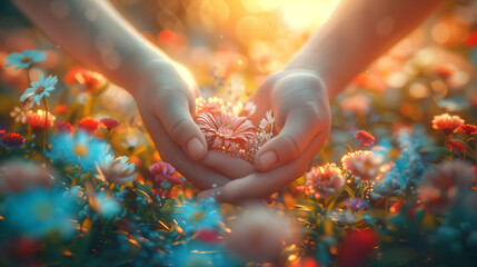 close up of women's hands with flowers in Spring in the park, hand with flowers