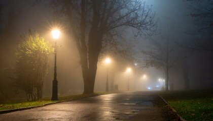 foggy street during the night