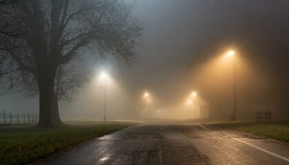 foggy street during the night