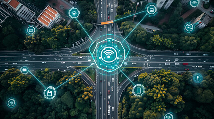 Social infrastructure and communication technology concept. IoT(Internet of Things). Autonomous transportation. top view of the highway with floating icons around, Artificial intelligence