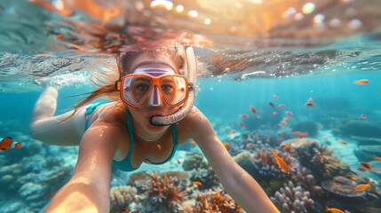 women snorkeling and dive underwater with Nemo fishes in the coral reef Travel lifestyle, swim...