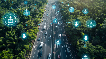 Social infrastructure and communication technology concept. IoT(Internet of Things). Autonomous transportation. top view of the highway with floating icons around, AI smart transport