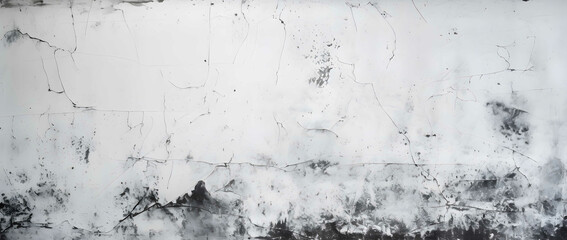 A weathered black and white painted wall with peeling paint, revealing the raw concrete surface...