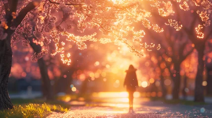 Türaufkleber a woman walking in the park at sunset with blossoming cherry trees at sunset, selective focus, women in the park at sunset in Spring season © Fokke Baarssen