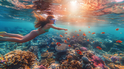 Young woman snorkeling dive underwater with Nemo fishes in the coral reef Travel lifestyle, swim activity on a summer beach holiday in Tahiti