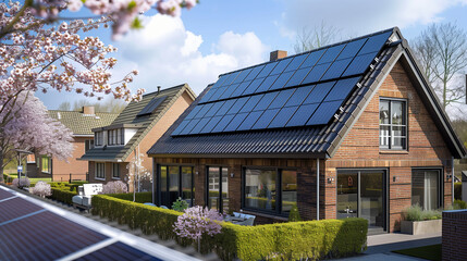 Solar energy, A family house building with solar panels on the roof in a residential area. blue sky and during the Spring season, a Dutch house with brick walls and roof tiles and blossom tree - obrazy, fototapety, plakaty