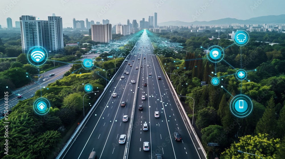 Poster social infrastructure and communication technology concept. iot(internet of things). autonomous tran