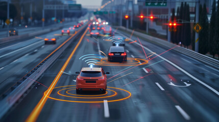 Social infrastructure and communication technology concept. IoT(Internet of Things). Autonomous transportation. top view of the highway with floating icons around at dusk