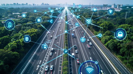 Social infrastructure and communication technology concept. IoT(Internet of Things). Autonomous transportation. top view of the highway with floating icons around, self driving cars