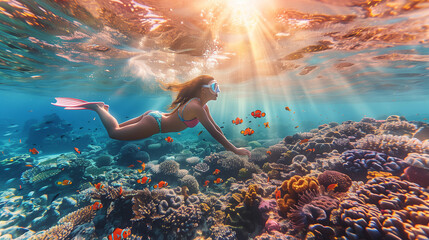 Young female snorkeling dive underwater with Nemo fishes in the coral reef Travel lifestyle, swim activity on a summer beach holiday in Thailand, women snorkleing at coral reef - obrazy, fototapety, plakaty