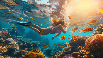 Young women snorkeling dive underwater with Nemo fishes in the coral reef Travel lifestyle, swim activity on a summer beach holiday in Thailand - obrazy, fototapety, plakaty