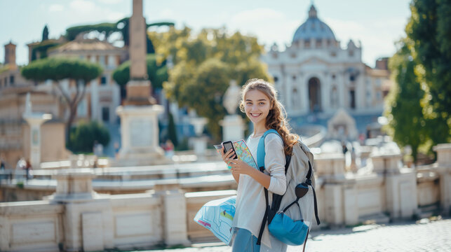 Rome Europe Italia travel summer tourism holiday vacation background -young smiling girl with mobile phone camera and map in hand during summer vacation