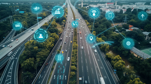 Social infrastructure and communication technology concept. IoT(Internet of Things). Autonomous transportation. top view of the highway with floating icons around
