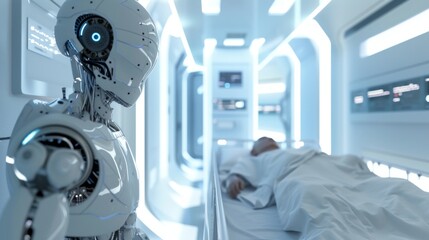 Humanoid robot helps to cure patient in hospital.