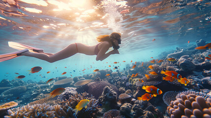 Young woman snorkeling dive underwater with Nemo fishes in the coral reef Travel lifestyle, swim...