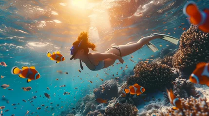 Fotobehang Young woman snorkeling dive underwater with Nemo fishes in the coral reef Travel lifestyle, swim activity on a summer beach holiday in Thailand, women snorkeling at a coral reef © Fokke Baarssen
