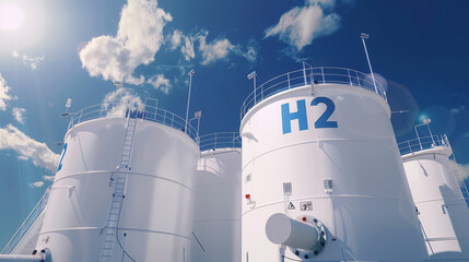 energy company equipment. Tanks for hydrogen storage. Production of clean energy from hydrogen. Tanks contain H2 to create electricity. Hydrogen power plant.