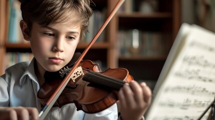 Boy practicing violin with sheet music at home generative ai