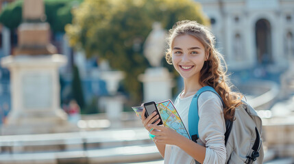 Fototapeta premium Women on a city trip in Rome with a mobile phone and a city map, a female tourist sightseeing in the city visiting the highlight landmarks of Rome Italy, On beautiful summer's day, a woman is smiling