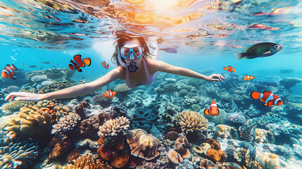Asian woman snorkeling dive underwater with Nemo fishes in the coral reef Travel lifestyle, swim activity on a summer beach holiday in Thailand