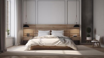 Modern bed room with white and natural wood furniture in minimalist design