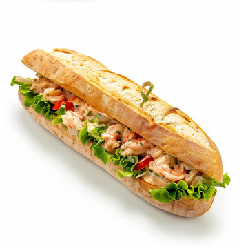 sandwich pain baguette, thon mayonnaise sur fond blanc 