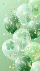Stpatrick s day banner with irish balloons, clover, gold coins on green background, space for text.
