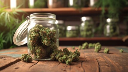 Containers with dried cannabis buds on table - obrazy, fototapety, plakaty