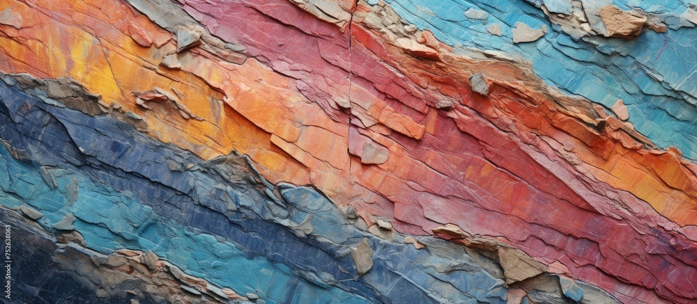 Poster a close-up view of a steep multicolored rock face, showcasing the intricate patterns and textures in