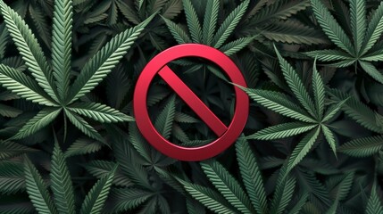 Cannabis plant leaves with red forbidden sign over plain background. - 752638200