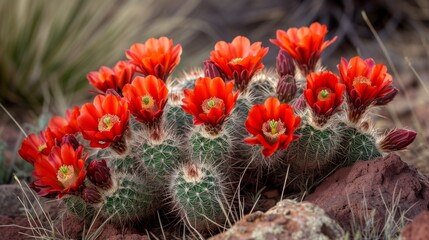 Naklejka na ściany i meble Cactus with vibrant red flowers in a desert generative ai