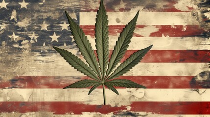 Cannabis plant leaves over vintage US national flag - 752638256