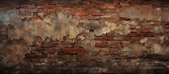 Obraz premium A red fire hydrant stands prominently against a dark-toned old brick wall with chipped yellowish plaster. The hydrant is a crucial element for firefighters to access water during emergencies.