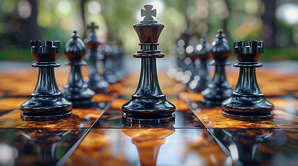 Close-up king chess standing first on chess board concepts challenge or   of business team and leadership strategy and organization  management or teamі player