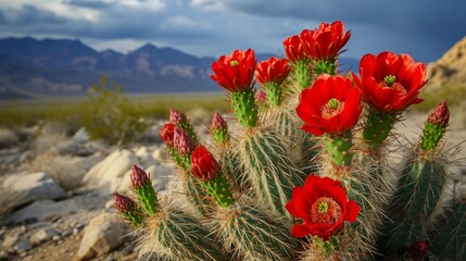 Obraz premium Cactus with vibrant red flowers in a desert generative ai