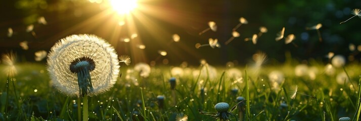 Spring field with dandelion and pollen flying in air in allergic season. - obrazy, fototapety, plakaty