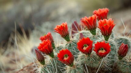 Obraz premium Cactus with vibrant red flowers in a desert generative ai