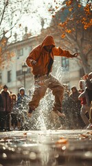 Vibrant urban square hosts dynamic breakdancing battle, dancers flaunting skills, crowd cheering...