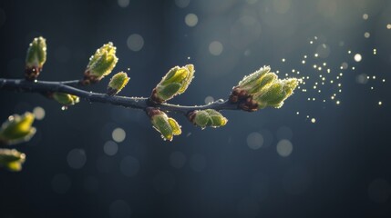 Close-up view of pollen flying from tree flower bud into air in allergy season.